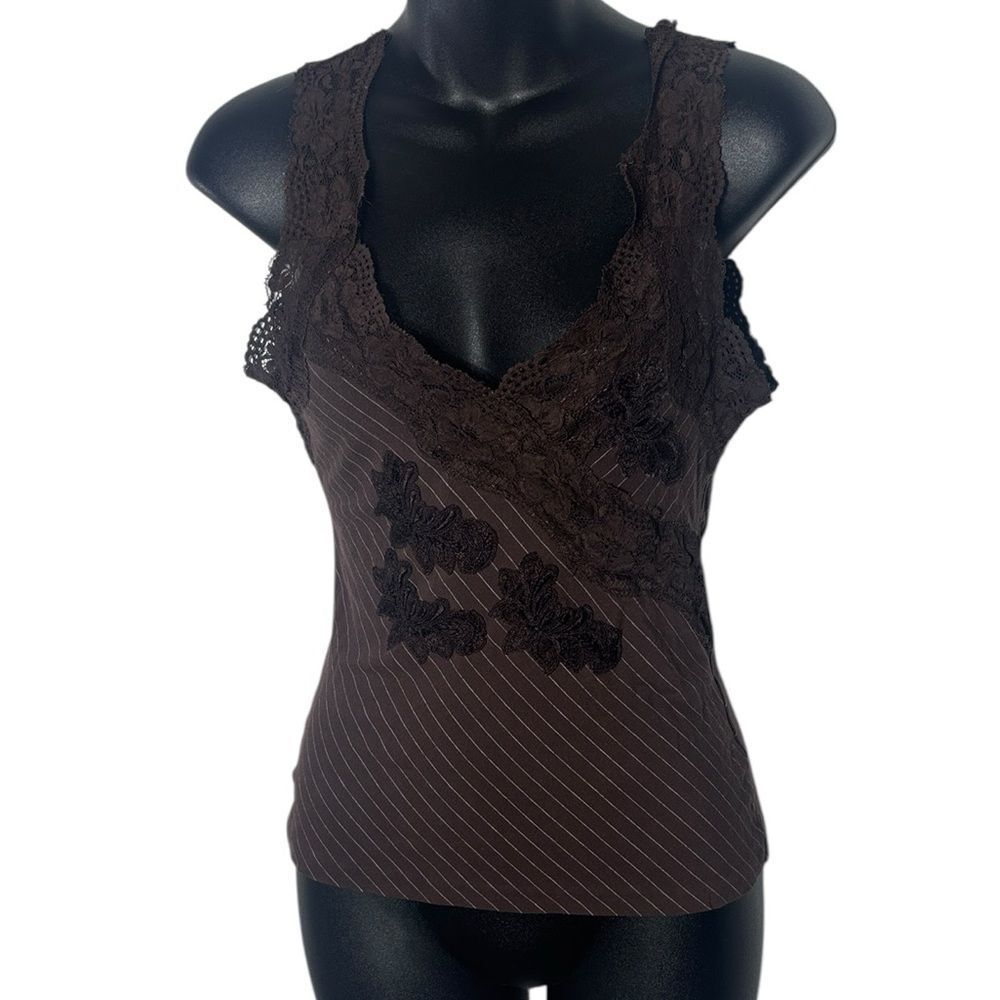 Express vintage y2k women’s medium top chocolate brown stripe babydoll lace